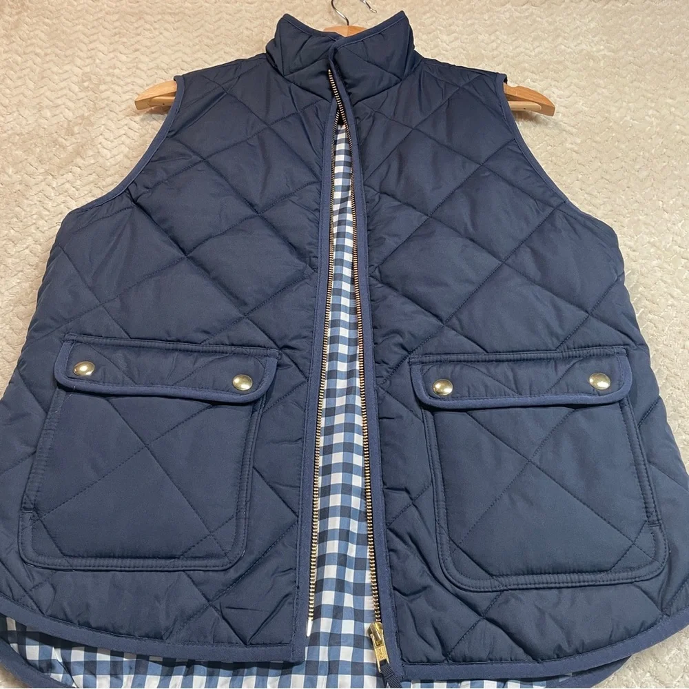 J.Crew Womens S‎ Navy Blue Puffer Zip Up Vest Gingham Print Snap Buttons Preppy
